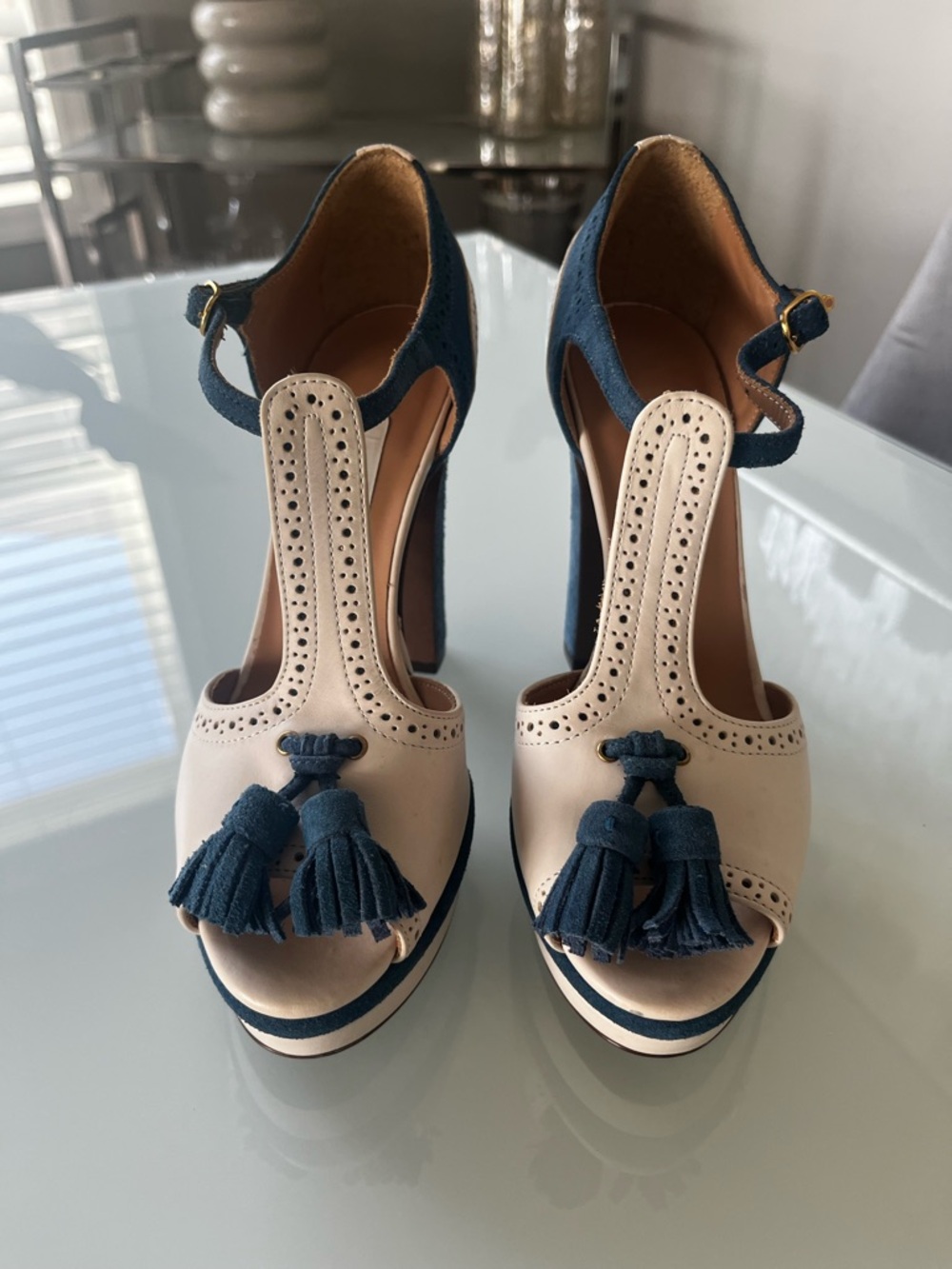 NWOT L' Autre Chise T-Strap Tassel Platform Heels in Navy and Cream 37